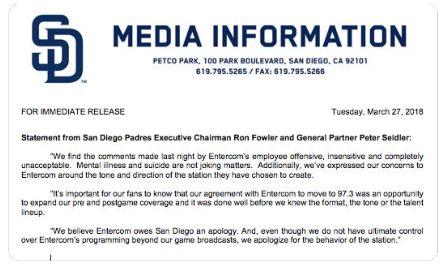Padres statement